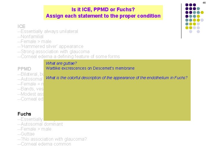 41 Is it ICE, PPMD or Fuchs? Assign each statement to the proper condition