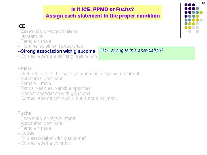 53 Is it ICE, PPMD or Fuchs? Assign each statement to the proper condition