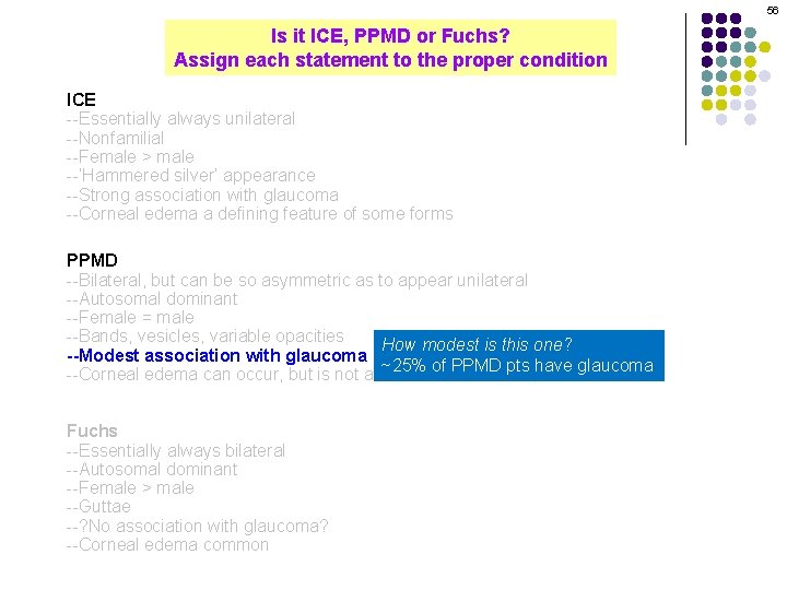 56 Is it ICE, PPMD or Fuchs? Assign each statement to the proper condition