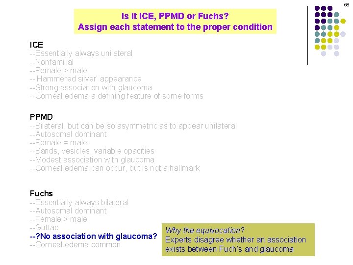58 Is it ICE, PPMD or Fuchs? Assign each statement to the proper condition