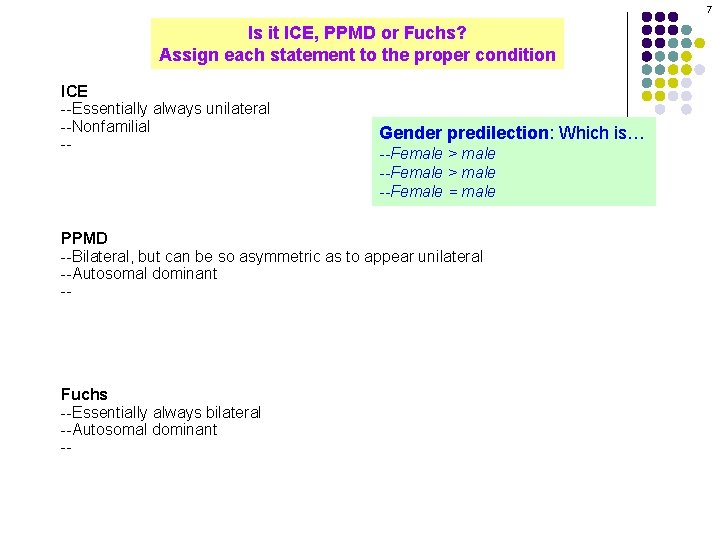 7 Is it ICE, PPMD or Fuchs? Assign each statement to the proper condition