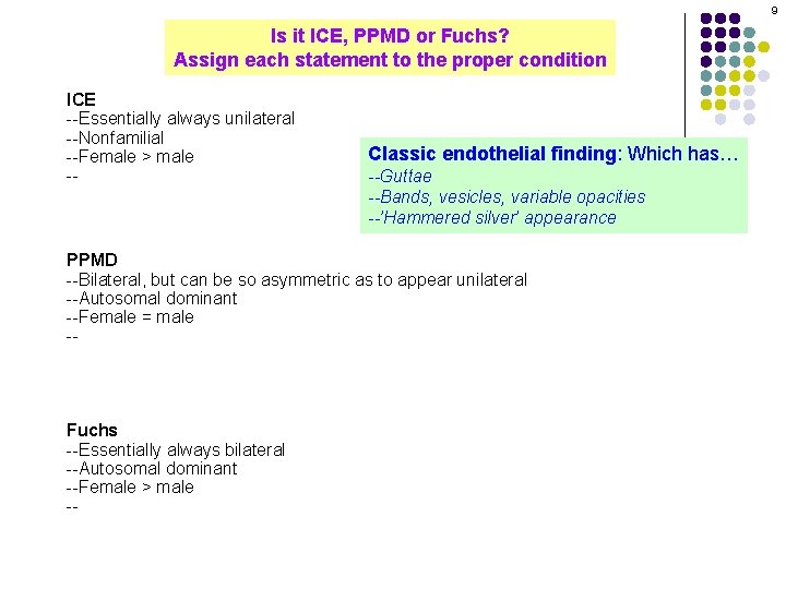 9 Is it ICE, PPMD or Fuchs? Assign each statement to the proper condition