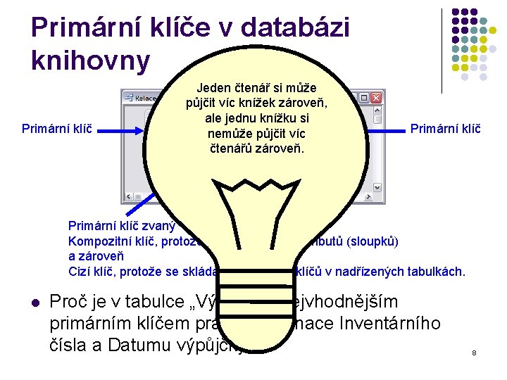 Primární klíče v databázi knihovny Primární klíč Jeden čtenář si může půjčit víc knížek