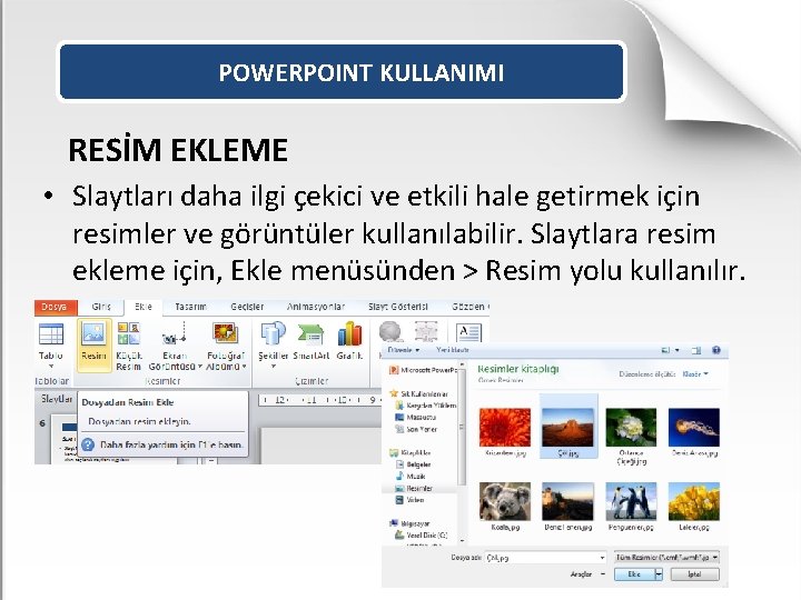 POWERPOINT KULLANIMI RESİM EKLEME • Slaytları daha ilgi çekici ve etkili hale getirmek için