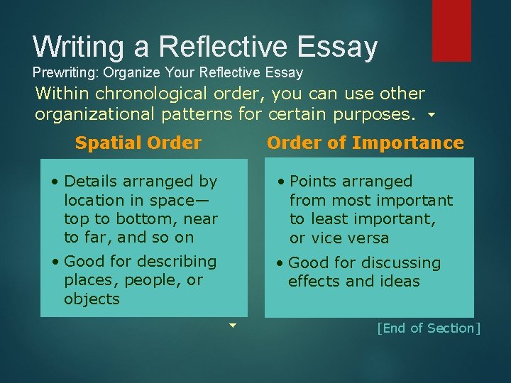 Writing a Reflective Essay Prewriting: Organize Your Reflective Essay Within chronological order, you can