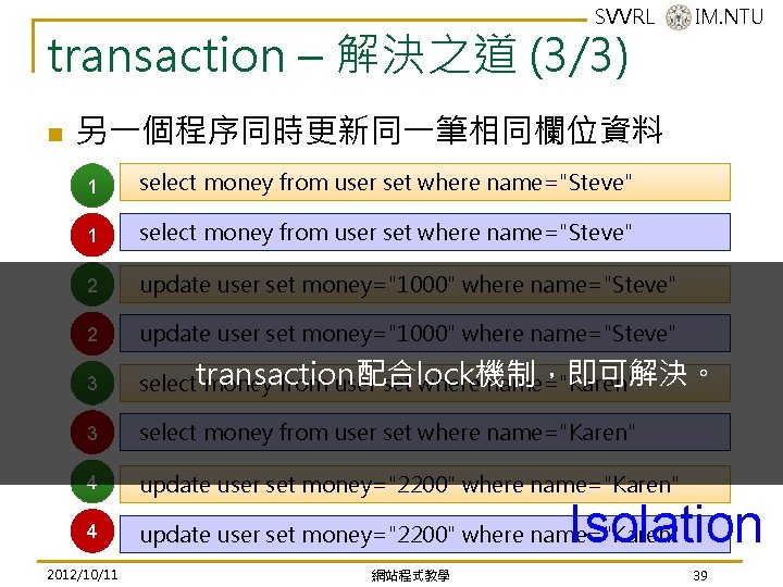 SVVRL @ IM. NTU transaction – 解決之道 (3/3) n 另一個程序同時更新同一筆相同欄位資料 1 select money from SVVRL @ IM. NTU transaction – 解決之道 (3/3) n 另一個程序同時更新同一筆相同欄位資料 1 select money from