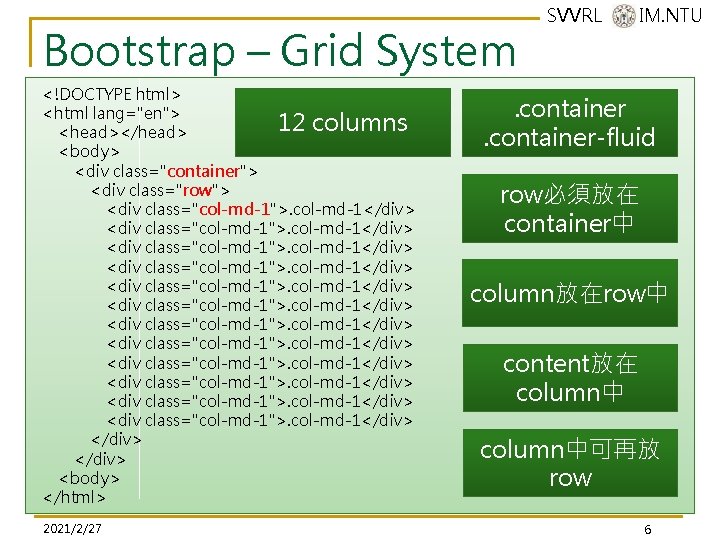 Bootstrap – Grid System <!DOCTYPE html> <html lang="en"> 12 columns <head></head> <body> <div class="container"> Bootstrap – Grid System <!DOCTYPE html> <html lang="en"> 12 columns <head></head> <body> <div class="container">