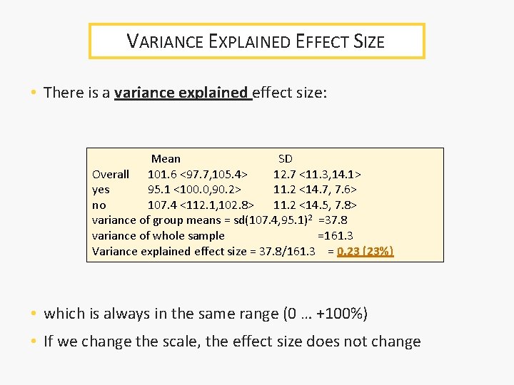 VARIANCE EXPLAINED EFFECT SIZE • There is a variance explained effect size: Mean SD VARIANCE EXPLAINED EFFECT SIZE • There is a variance explained effect size: Mean SD