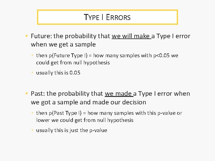 TYPE I ERRORS • Future: the probability that we will make a Type I TYPE I ERRORS • Future: the probability that we will make a Type I