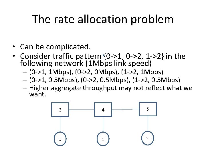 The rate allocation problem • Can be complicated. • Consider traffic pattern {0 ->1,