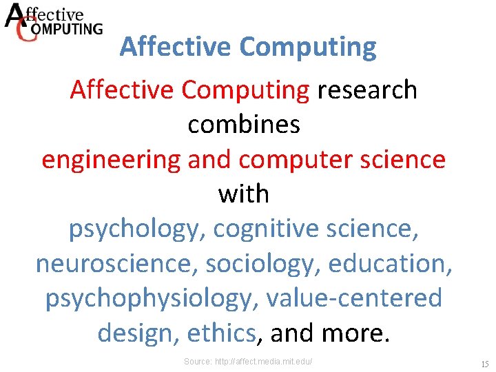 Affective Computing research combines engineering and computer science with psychology, cognitive science, neuroscience, sociology,