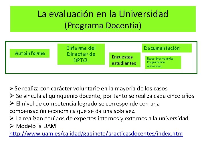 La evaluación en la Universidad (Programa Docentia) Autoinforme Informe del Director de DPTO. Documentación