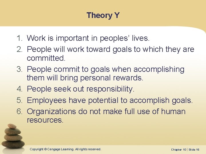 Theory Y 1. Work is important in peoples’ lives. 2. People will work toward Theory Y 1. Work is important in peoples’ lives. 2. People will work toward