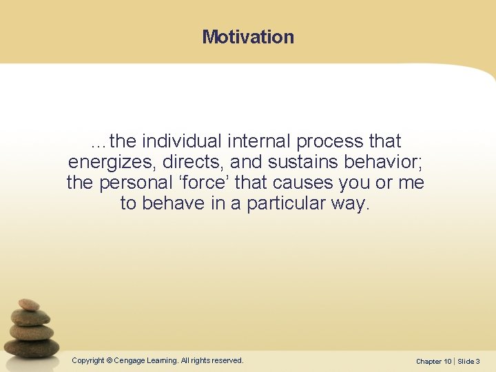 Motivation …the individual internal process that energizes, directs, and sustains behavior; the personal ‘force’ Motivation …the individual internal process that energizes, directs, and sustains behavior; the personal ‘force’