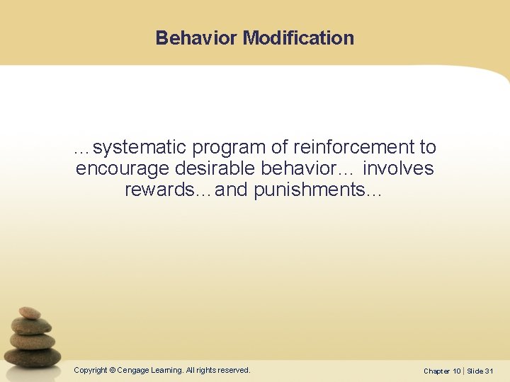 Behavior Modification …systematic program of reinforcement to encourage desirable behavior… involves rewards…and punishments… Copyright Behavior Modification …systematic program of reinforcement to encourage desirable behavior… involves rewards…and punishments… Copyright