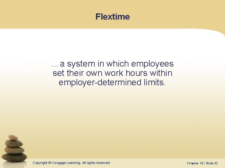 Flextime …a system in which employees set their own work hours within employer-determined limits. Flextime …a system in which employees set their own work hours within employer-determined limits.