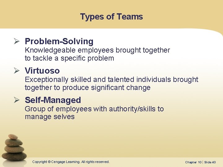 Types of Teams Ø Problem-Solving Knowledgeable employees brought together to tackle a specific problem Types of Teams Ø Problem-Solving Knowledgeable employees brought together to tackle a specific problem