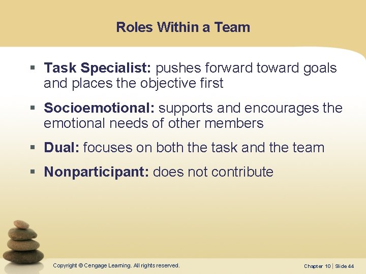 Roles Within a Team § Task Specialist: pushes forward toward goals and places the Roles Within a Team § Task Specialist: pushes forward toward goals and places the
