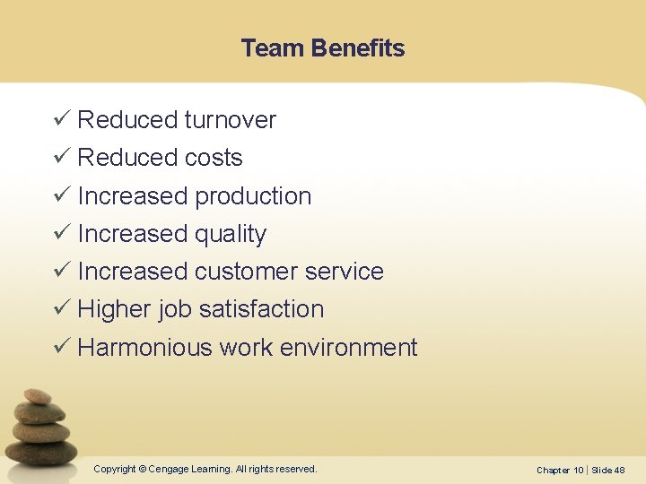 Team Benefits ü Reduced turnover ü Reduced costs ü Increased production ü Increased quality Team Benefits ü Reduced turnover ü Reduced costs ü Increased production ü Increased quality