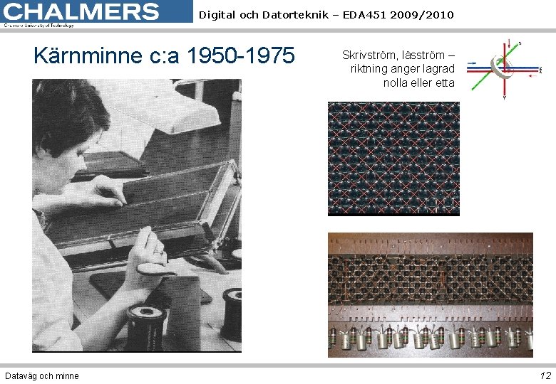 Digital och Datorteknik – EDA 451 2009/2010 Kärnminne c: a 1950 -1975 Dataväg och