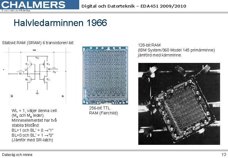 Digital och Datorteknik – EDA 451 2009/2010 Halvledarminnen 1966 Statiskt RAM (SRAM) 6 transistorer/-bit