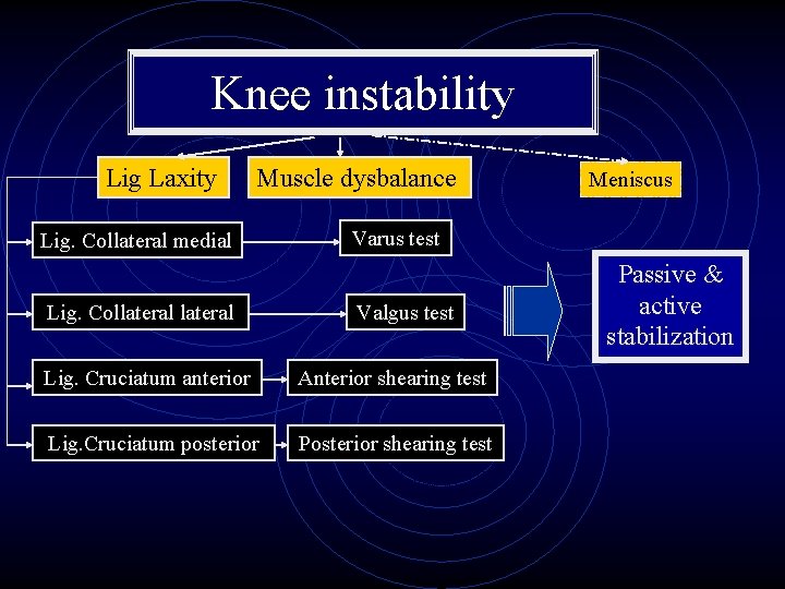 Knee instability Lig Laxity Muscle dysbalance Lig. Collateral medial Lig. Collateral Meniscus Varus test