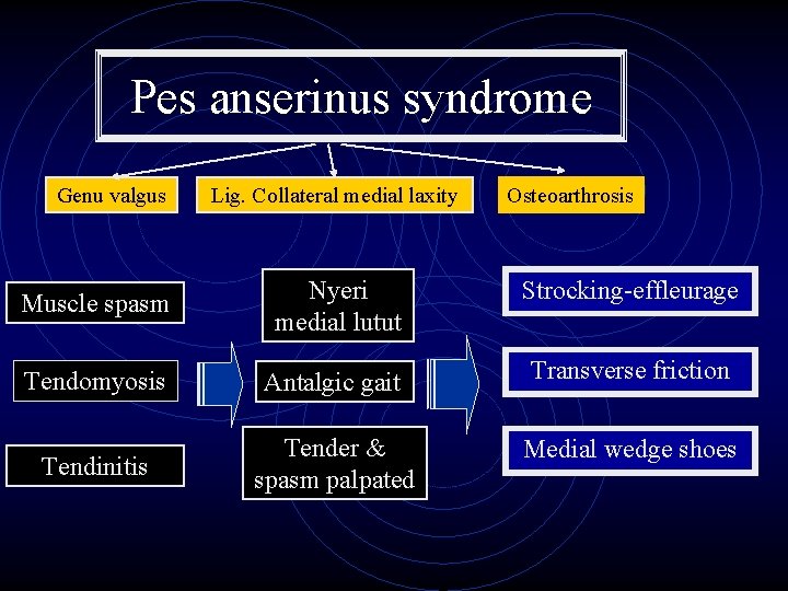 Pes anserinus syndrome Genu valgus Lig. Collateral medial laxity Osteoarthrosis Muscle spasm Nyeri medial