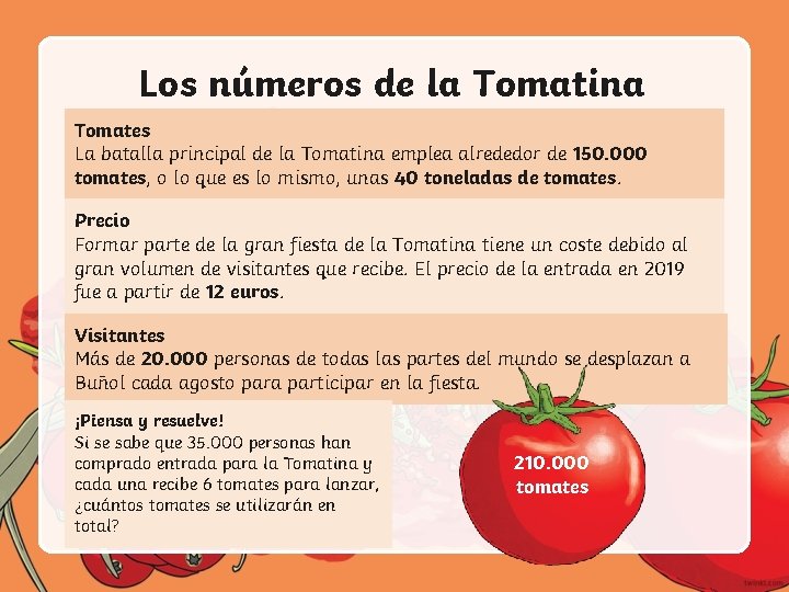 Los números de la Tomatina Tomates La batalla principal de la Tomatina emplea alrededor