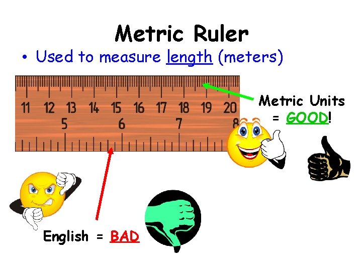 Metric Ruler • Used to measure length (meters) Metric Units = GOOD! English =