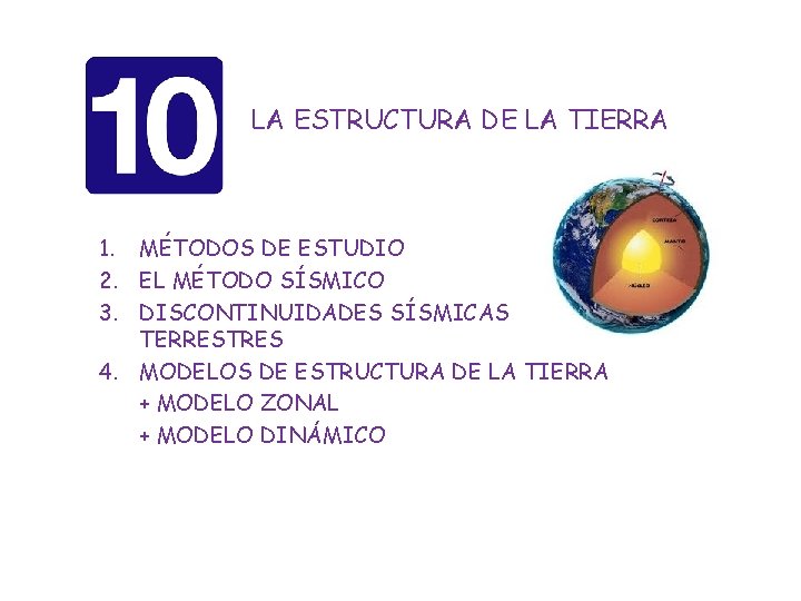 LA ESTRUCTURA DE LA TIERRA 1. MÉTODOS DE ESTUDIO 2. EL MÉTODO SÍSMICO 3.