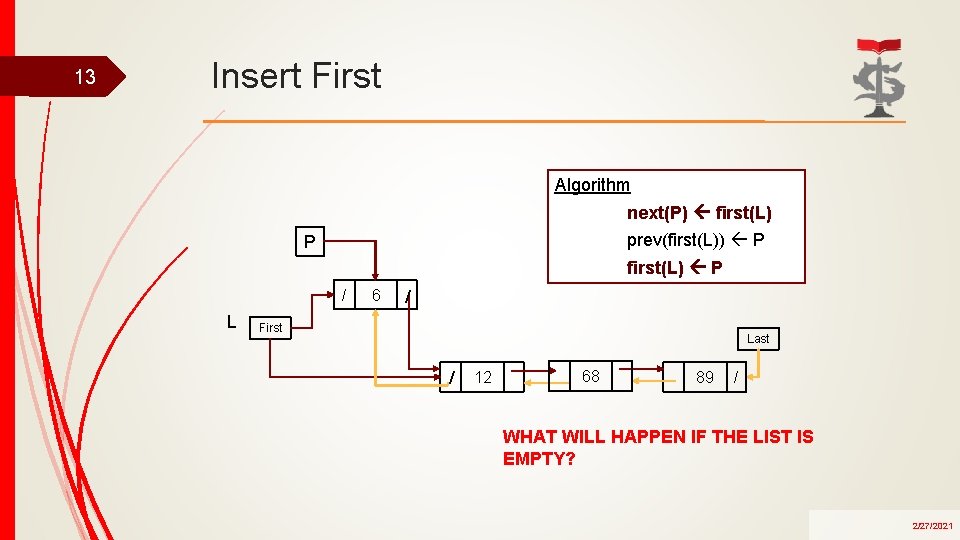 13 Insert First Algorithm next(P) first(L) prev(first(L)) P P first(L) P / L 6