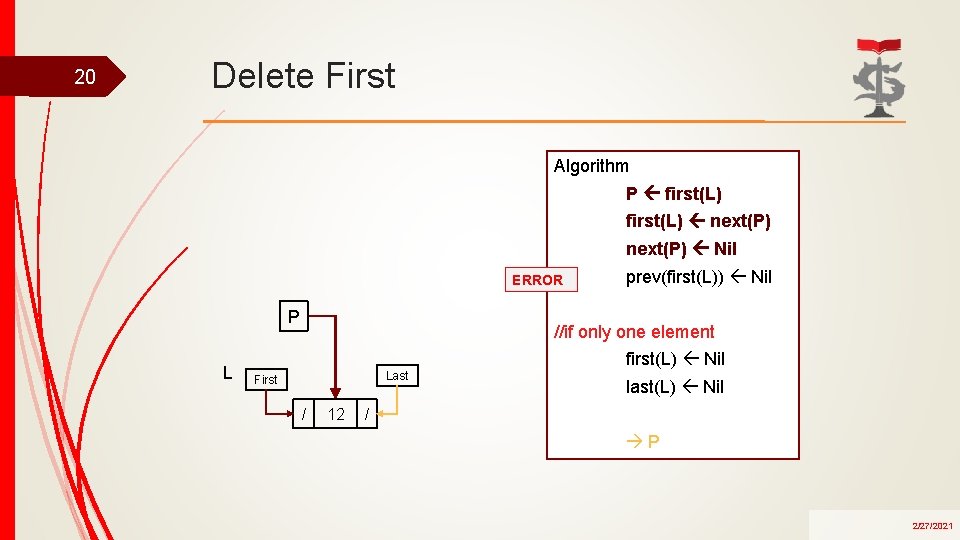 20 Delete First Algorithm P first(L) next(P) Nil ERROR P L prev(first(L)) Nil //if