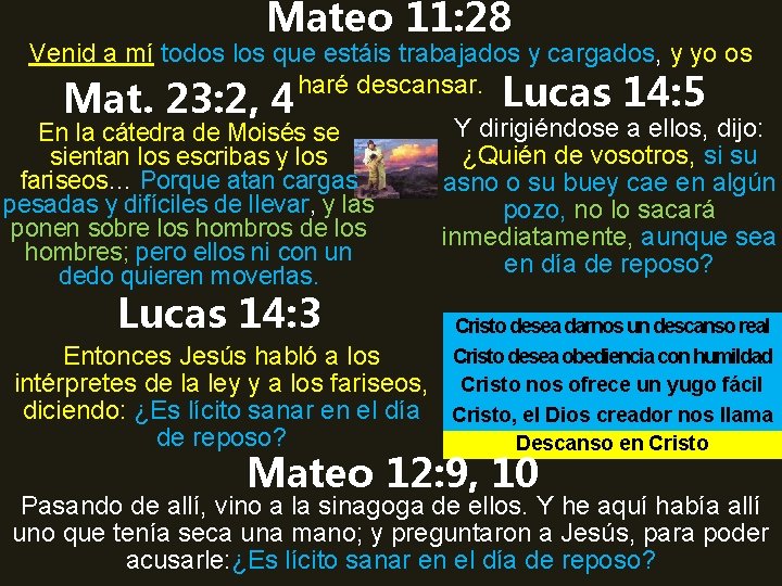 Mateo 11: 28 Venid a mí todos los que estáis trabajados y cargados, y