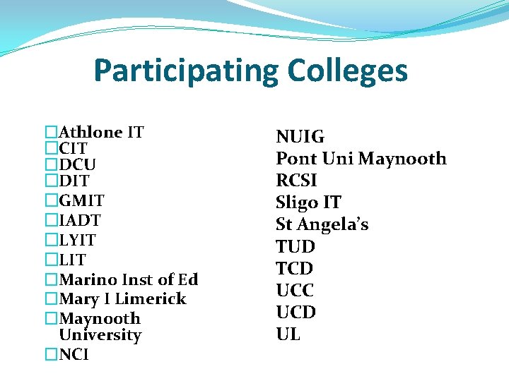 Participating Colleges �Athlone IT �CIT �DCU �DIT �GMIT �IADT �LYIT �LIT �Marino Inst of Participating Colleges �Athlone IT �CIT �DCU �DIT �GMIT �IADT �LYIT �LIT �Marino Inst of
