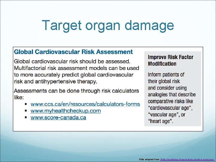 Target organ damage Slide adapted from: https: //guidelines. hypertension. ca/chep-resources/ 