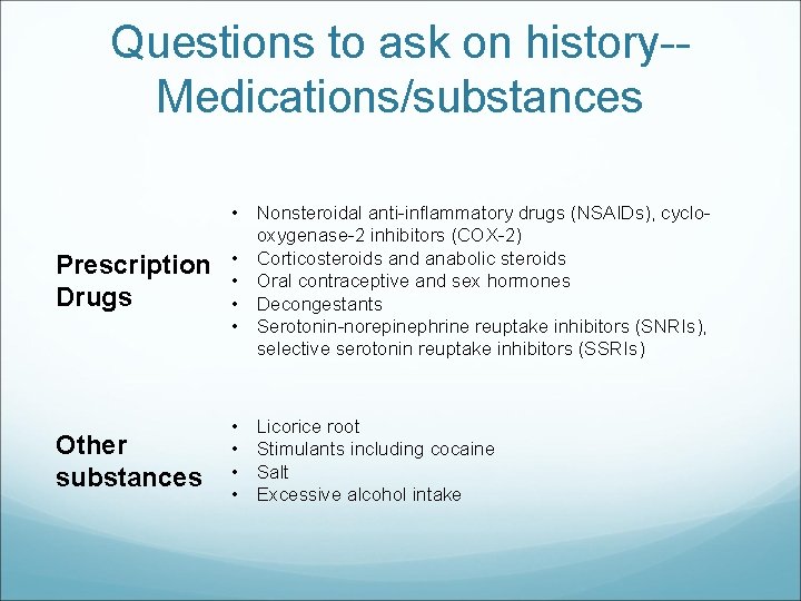 Questions to ask on history-Medications/substances Prescription Drugs • Nonsteroidal anti-inflammatory drugs (NSAIDs), cyclooxygenase-2 inhibitors