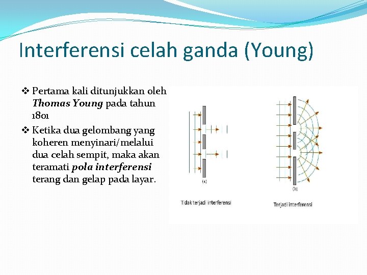 Interferensi celah ganda (Young) v Pertama kali ditunjukkan oleh Thomas Young pada tahun 1801