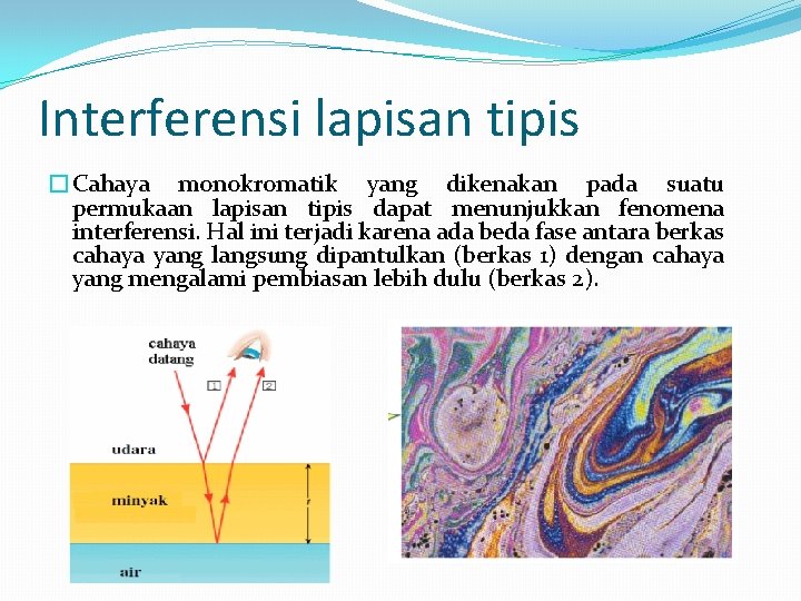 Interferensi lapisan tipis �Cahaya monokromatik yang dikenakan pada suatu permukaan lapisan tipis dapat menunjukkan