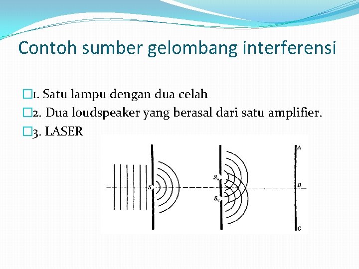 Contoh sumber gelombang interferensi � 1. Satu lampu dengan dua celah � 2. Dua