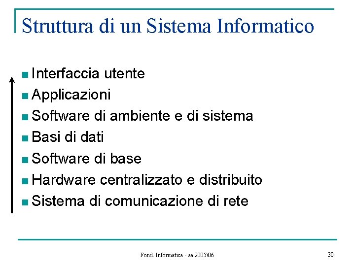 Struttura di un Sistema Informatico Interfaccia utente n Applicazioni n Software di ambiente e