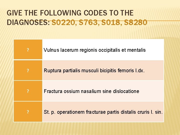 GIVE THE FOLLOWING CODES TO THE DIAGNOSES: S 0220, S 763, S 018, S GIVE THE FOLLOWING CODES TO THE DIAGNOSES: S 0220, S 763, S 018, S