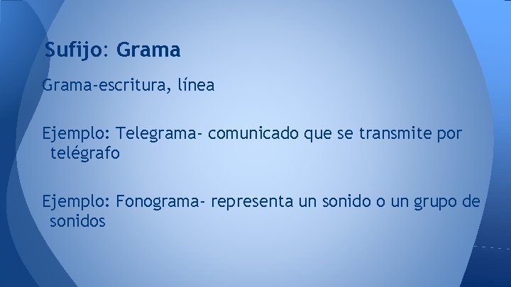 Sufijo: Grama-escritura, línea Ejemplo: Telegrama- comunicado que se transmite por telégrafo Ejemplo: Fonograma- representa