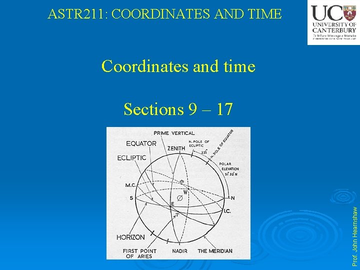 ASTR 211: COORDINATES AND TIME Coordinates and time Prof. John Hearnshaw Sections 9 –
