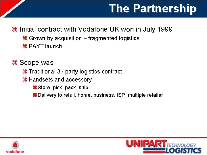 The Partnership z Initial contract with Vodafone UK won in July 1999 z Grown