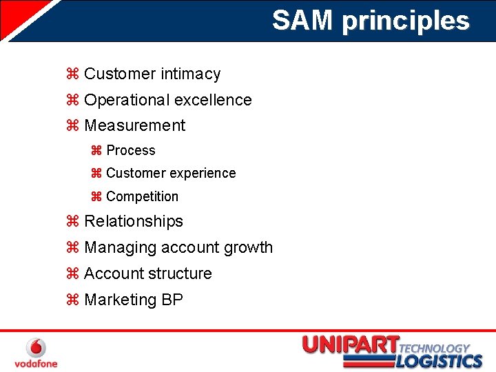 SAM principles z Customer intimacy z Operational excellence z Measurement z Process z Customer