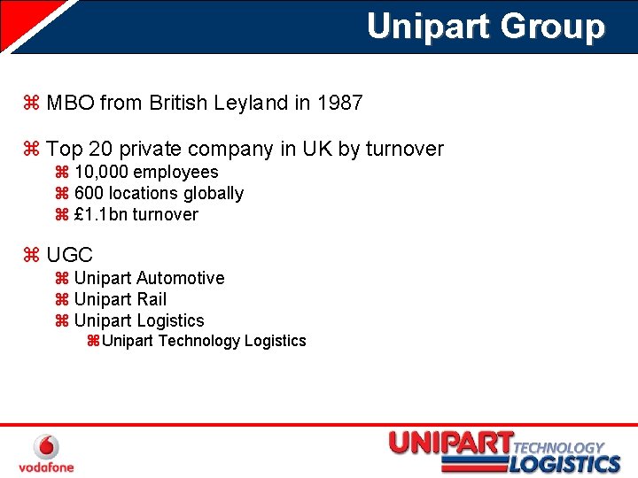 Unipart Group z MBO from British Leyland in 1987 z Top 20 private company