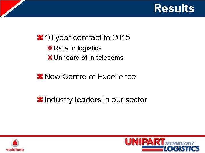 Results z 10 year contract to 2015 z. Rare in logistics z. Unheard of