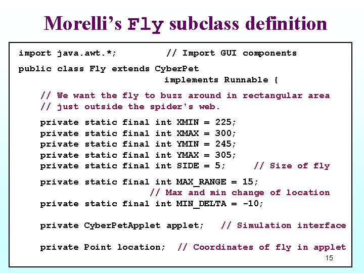 Morelli’s Fly subclass definition import java. awt. *; // Import GUI components public class