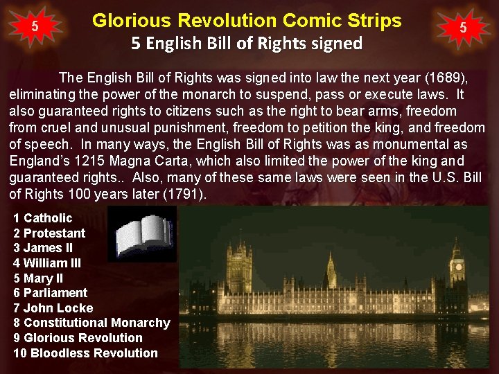 5 Glorious Revolution Comic Strips 5 English Bill of Rights signed 5 The English