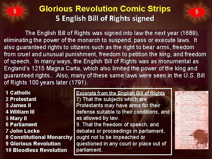 5 Glorious Revolution Comic Strips 5 English Bill of Rights signed 5 The English